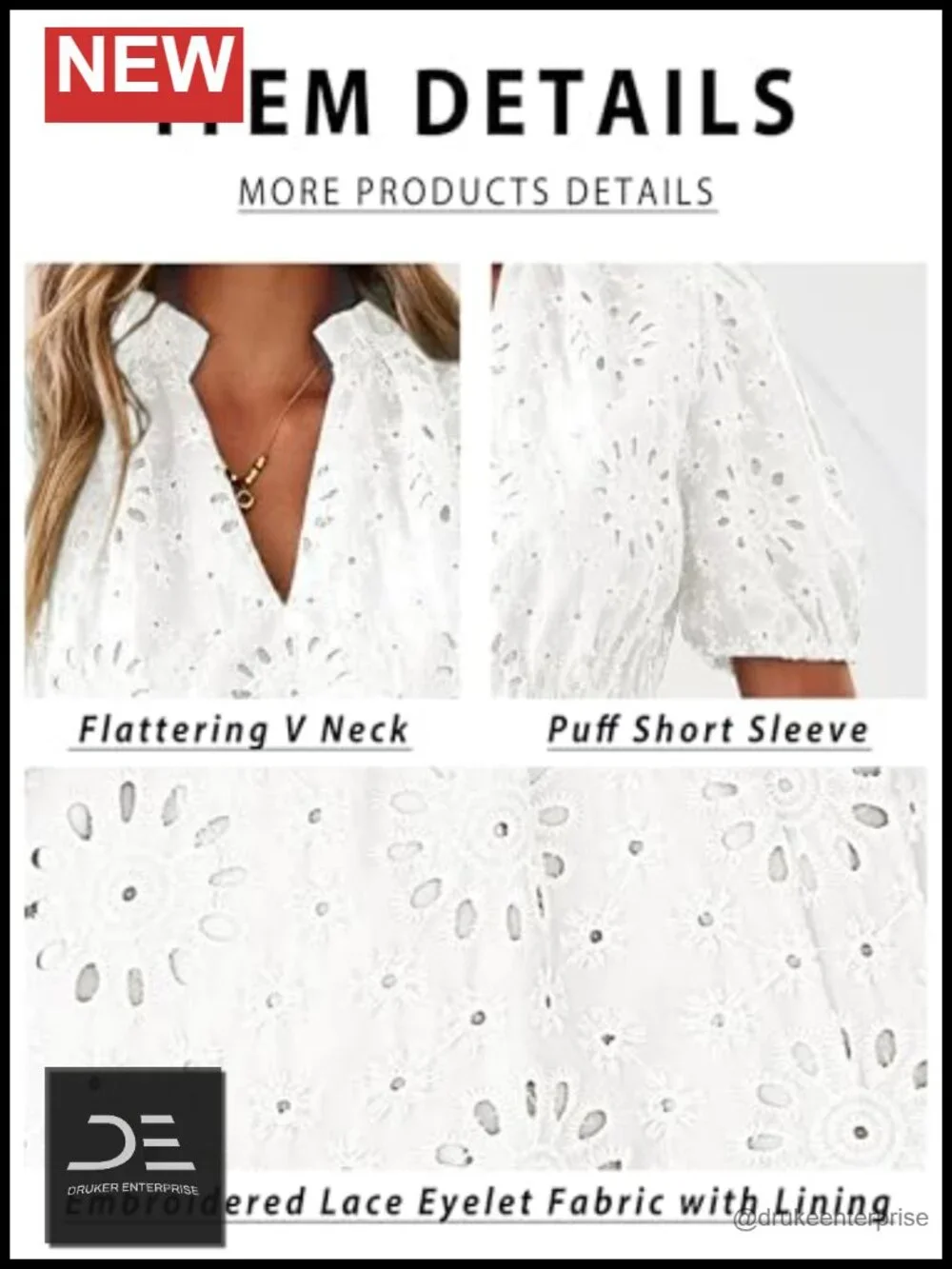 Women's Eyelet Lace Mini Dress with Pockets V Neck Puff Sleeve Boho